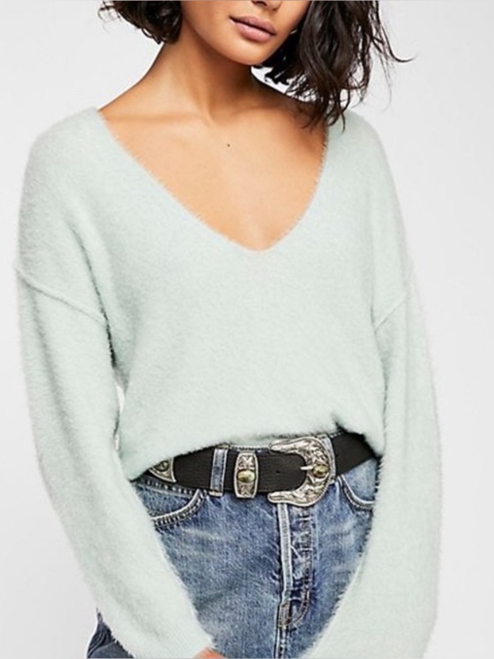 Free people mint blue green vneck soft stretchy sweater